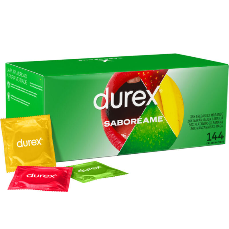 Préservatifs aux 4 saveurs banane, fraise, pomme verte et orange en boite géante de 144 - DUREX