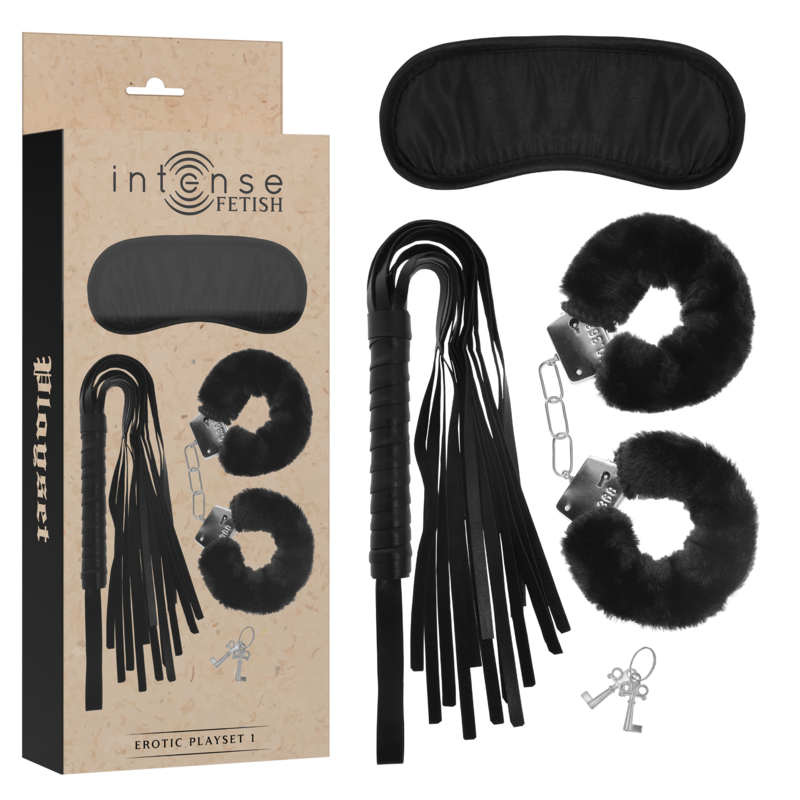 INTENSE FETISH  – PLAYSET ÉROTIQUE 1 AVEC MENOTTES, MASQUE AVEUGLE ET FLOGGER