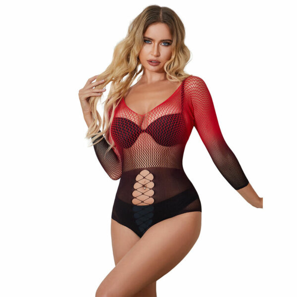 SUBBLIME - 952259 BODYSTOCKING RÉSILLE ÉLASTIQUE  MANCHES LONGUES DÉGRADÉ ROUGE ET NOIR TAILLE UNIQUE