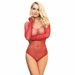 SUBBLIME - 952303 BODYSTOCKING SHINY GRILL AVEC ÉPAULES DÉNUDÉES MANCHES LONGUES ROUGE TAILLE UNIQUE